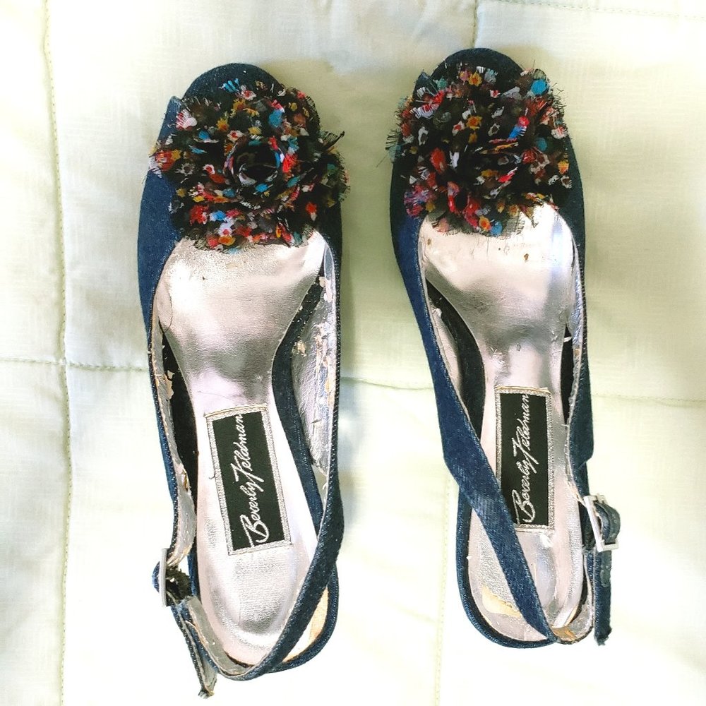Dressy, fun denim heels with flower